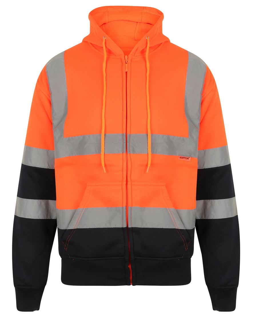 Orange Hi vis hooded sweatshirt with two tone navy accents on the lower arms and bottom of sweatshirt. Sweatshirts have side pockets, two hi vis waist bands and hi vis shoulder bands. Sweatshirts are zip fasten.