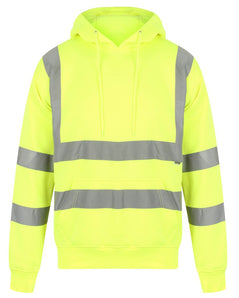 Yellow Hi vis hooded sweatshirt. Sweatshirts have two hi vis waist bands and hi vis shoulder bands.