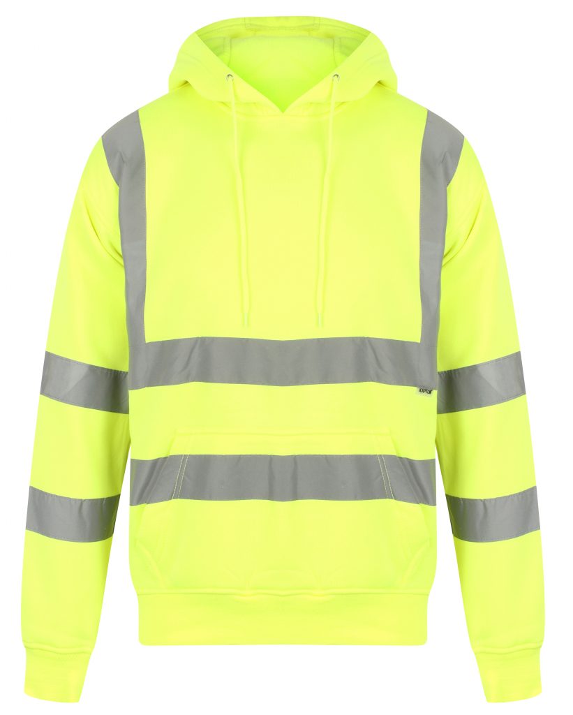 Yellow Hi vis hooded sweatshirt. Sweatshirts have two hi vis waist bands and hi vis shoulder bands.