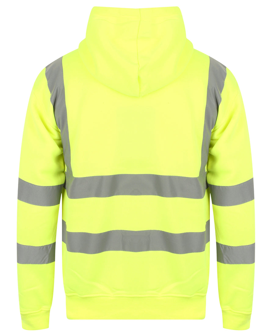 Back of Yellow Hi vis hooded sweatshirt. Sweatshirts have two hi vis waist bands and hi vis shoulder bands.