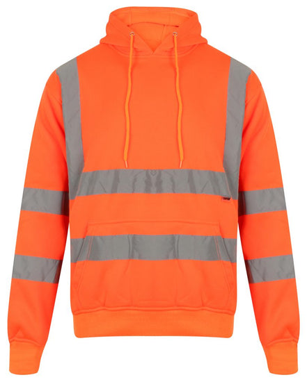 Orange Hi vis hooded sweatshirt. Sweatshirts have a large front pocket two hi vis waist bands and hi vis shoulder bands.