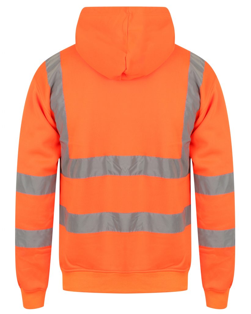 Back of Orange Hi vis hooded sweatshirt. Sweatshirts have two hi vis waist bands and hi vis shoulder bands.