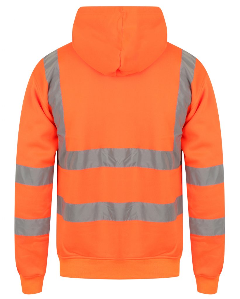 Back of Orange Hi vis hooded sweatshirt. Sweatshirts have two hi vis waist bands and hi vis shoulder bands.