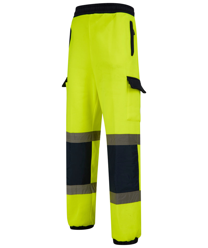 Yellow Hi vis Jogging bottoms with navy accents on the kneepad area, waistband, pocket closure and ankle band. Joggers have two hi vis bands, cargo pockets and drawcords for tightening.