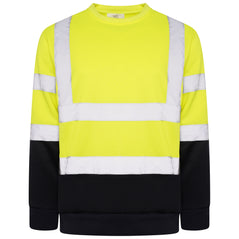 Yellow Hi vis crew neck sweatshirt. Sweatshirts have two hi vis waist bands and hi vis shoulder bands and navy contrast on the bottom of the sweatshirt and arms.