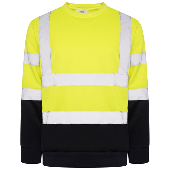 Yellow Hi vis crew neck sweatshirt. Sweatshirts have two hi vis waist bands and hi vis shoulder bands and navy contrast on the bottom of the sweatshirt and arms.