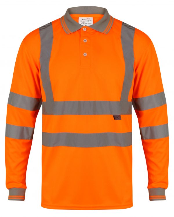 Orange Hi vis polo shirt long sleeve with grey accents on the collar and wrist cuff. Polo Shirts have two hi vis waist bands and hi vis shoulder bands.