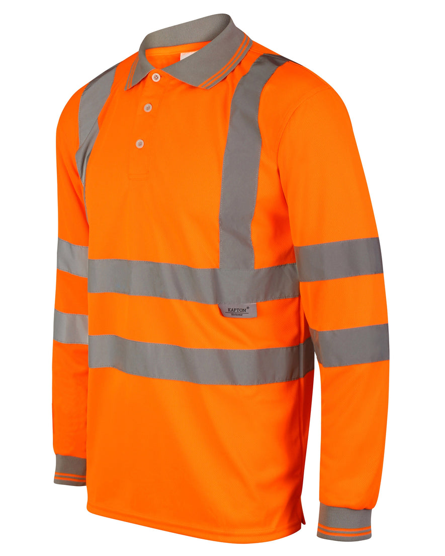 Orange Hi vis polo shirt long sleeve with grey accents on the collar and wrist cuff. Polo Shirts have two hi vis waist bands and hi vis shoulder bands.