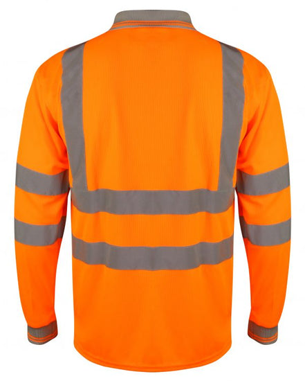 Orange Hi vis polo shirt long sleeve with grey accents on the collar and wrist cuff. Polo Shirts have two hi vis waist bands and hi vis shoulder bands.
