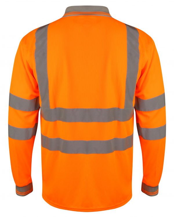 Orange Hi vis polo shirt long sleeve with grey accents on the collar and wrist cuff. Polo Shirts have two hi vis waist bands and hi vis shoulder bands.