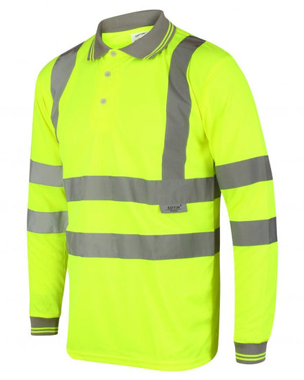 Yellow Hi vis polo shirt long sleeve with grey accents on the collar and wrist cuff. Polo Shirts have two hi vis waist bands and hi vis shoulder bands.