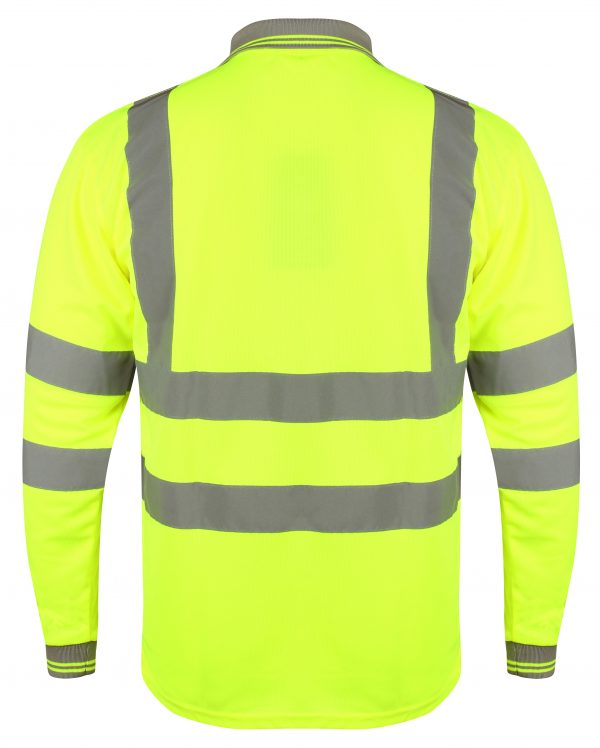 Yellow Hi vis polo shirt long sleeve with grey accents on the collar and wrist cuff. Polo Shirts have two hi vis waist bands and hi vis shoulder bands.