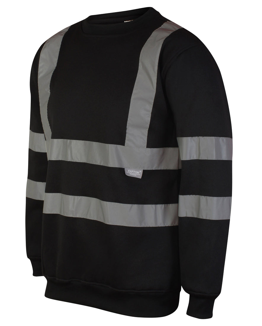 Black Hi vis crew neck sweatshirt. Sweatshirts have two hi vis waist bands and hi vis shoulder bands.
