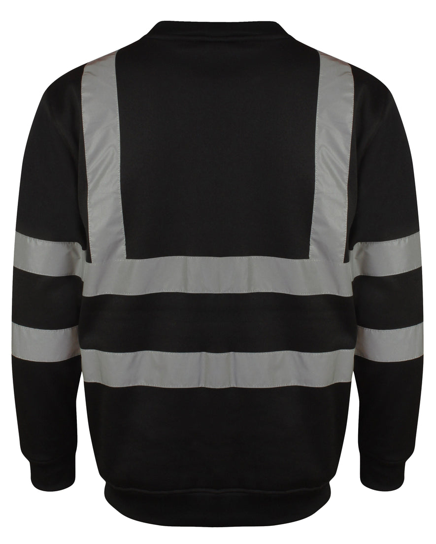 Black Hi vis crew neck sweatshirt. Sweatshirts have two hi vis waist bands and hi vis shoulder bands.