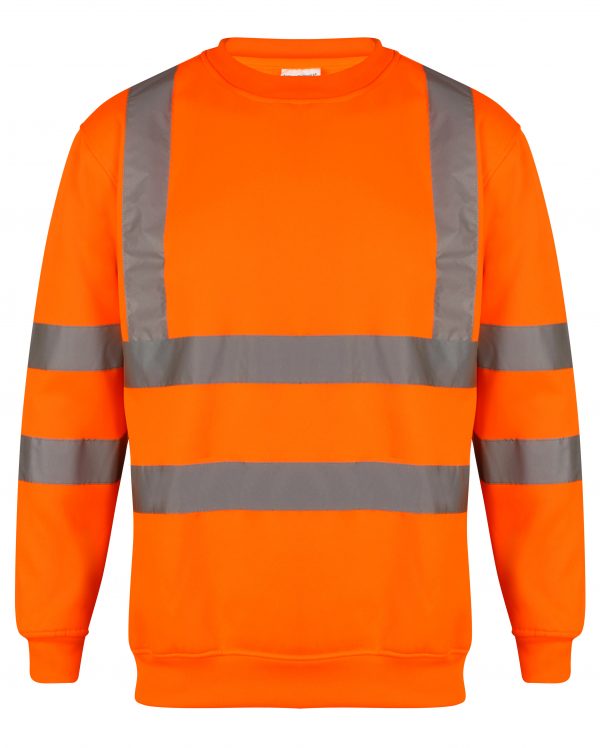 Orange Hi vis crew neck sweatshirt. Sweatshirts have two hi vis waist bands and hi vis shoulder bands.