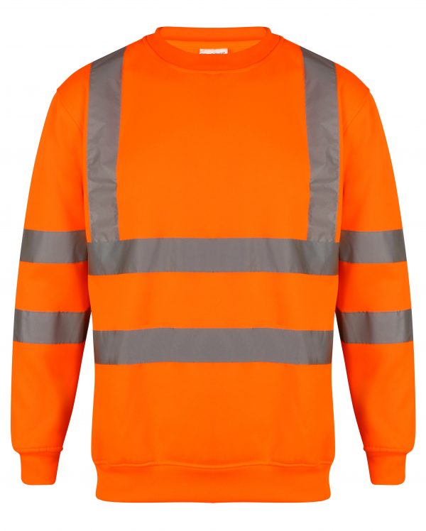 Orange Hi vis crew neck sweatshirt. Sweatshirts have two hi vis waist bands and hi vis shoulder bands.