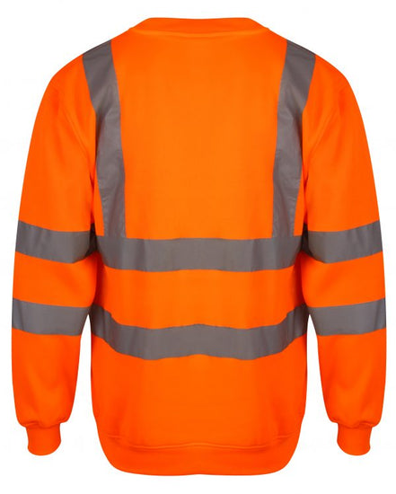 Orange Hi vis crew neck sweatshirt. Sweatshirts have two hi vis waist bands and hi vis shoulder bands.