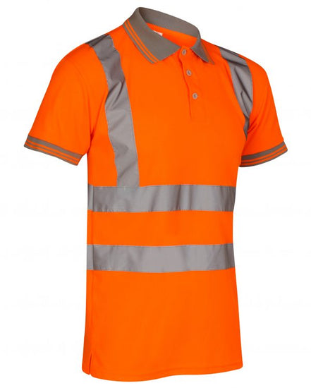 Orange Hi vis polo shirt short sleeve with grey accents on the collar and wrist cuff. Polo Shirts have two hi vis waist bands and hi vis shoulder bands.