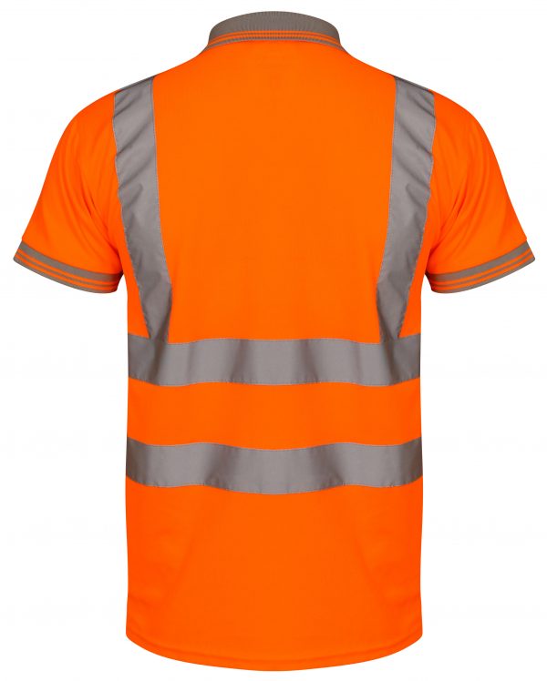 Orange Hi vis polo shirt short sleeve with grey accents on the collar and wrist cuff. Polo Shirts have two hi vis waist bands and hi vis shoulder bands.