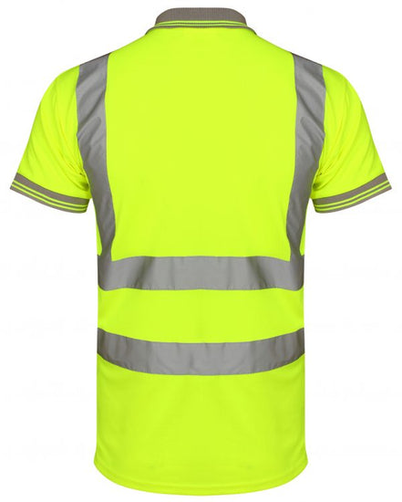 Yellow Hi vis polo shirt short sleeve with grey accents on the collar and wrist cuff. Polo Shirts have two hi vis waist bands and hi vis shoulder bands.