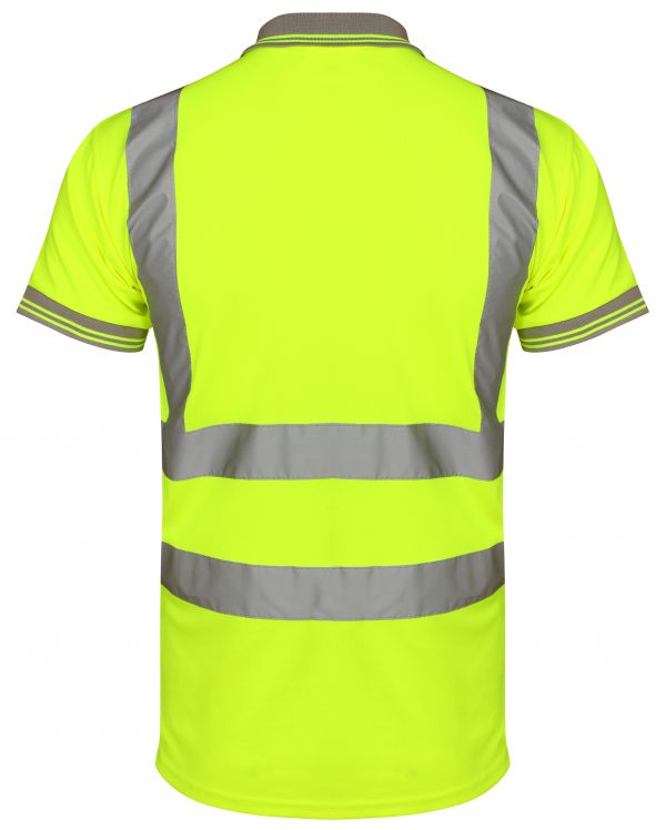 Yellow Hi vis polo shirt short sleeve with grey accents on the collar and wrist cuff. Polo Shirts have two hi vis waist bands and hi vis shoulder bands.