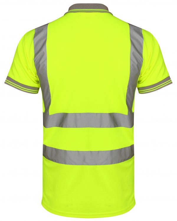 Yellow Hi vis polo shirt short sleeve with grey accents on the collar and wrist cuff. Polo Shirts have two hi vis waist bands and hi vis shoulder bands.