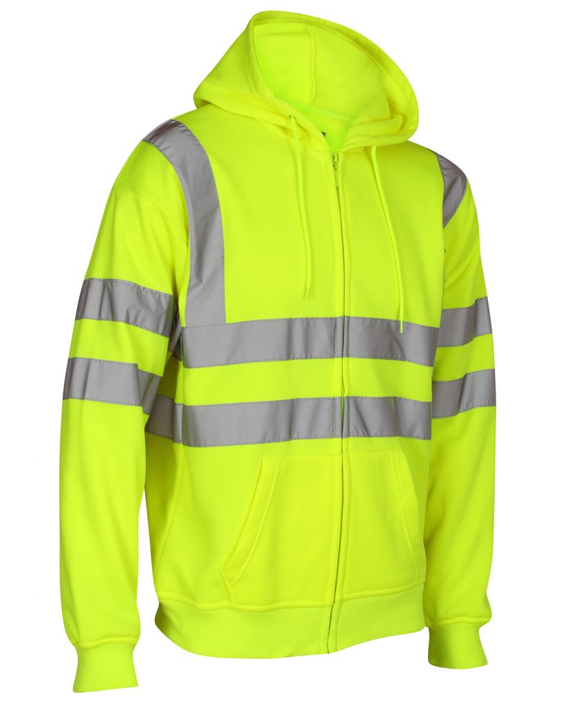 Yellow Hi vis hooded sweatshirt. Sweatshirts have side pockets, two hi vis waist bands and hi vis shoulder bands. Sweatshirts are zip fasten.