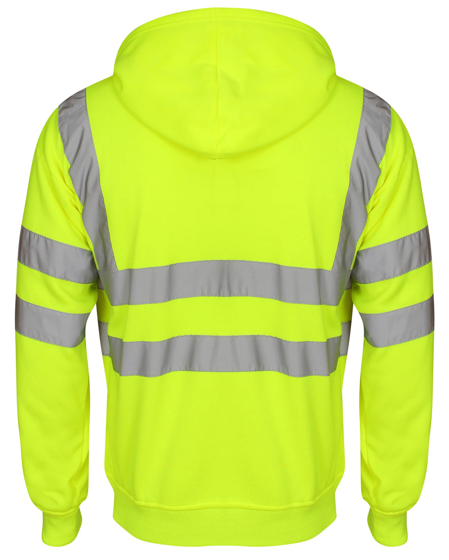 Back of Yellow Hi vis hooded sweatshirt. Sweatshirts have two hi vis waist bands and hi vis shoulder bands.