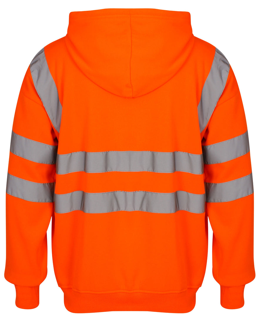 Back of Orange Hi vis hooded sweatshirt. Sweatshirts have two hi vis waist bands and hi vis shoulder bands.