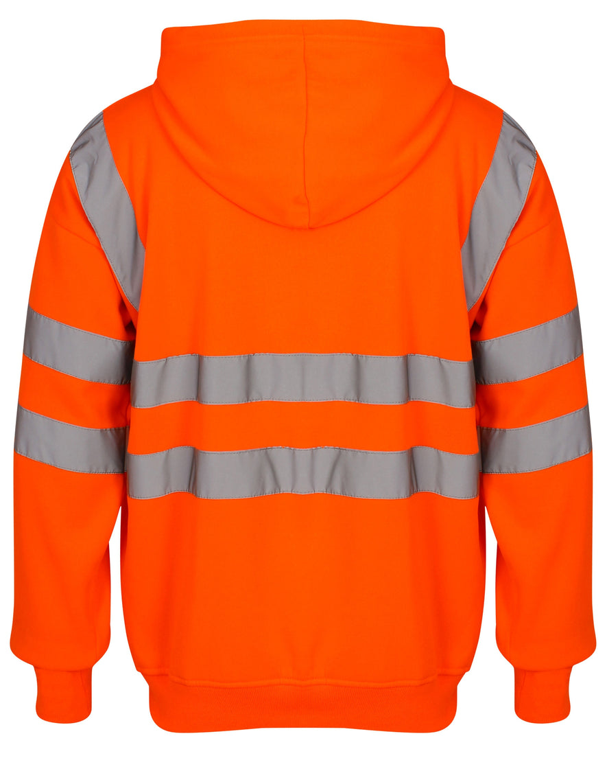 Back of Orange Hi vis hooded sweatshirt. Sweatshirts have two hi vis waist bands and hi vis shoulder bands.
