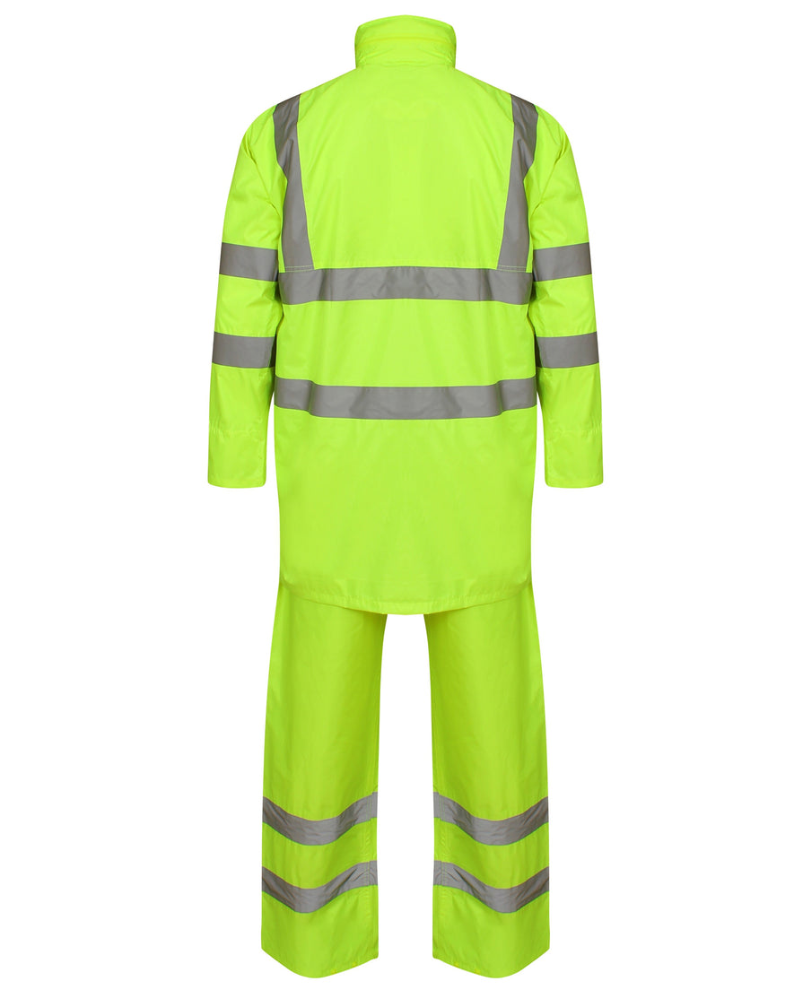 Yellow Hi vis PU rainsuit. Rainsuits are composed of trousers and a jacket. Jackets have two hi vis waist bands and hi vis shoulder bands, Trousers have two hi vis ankle bands.