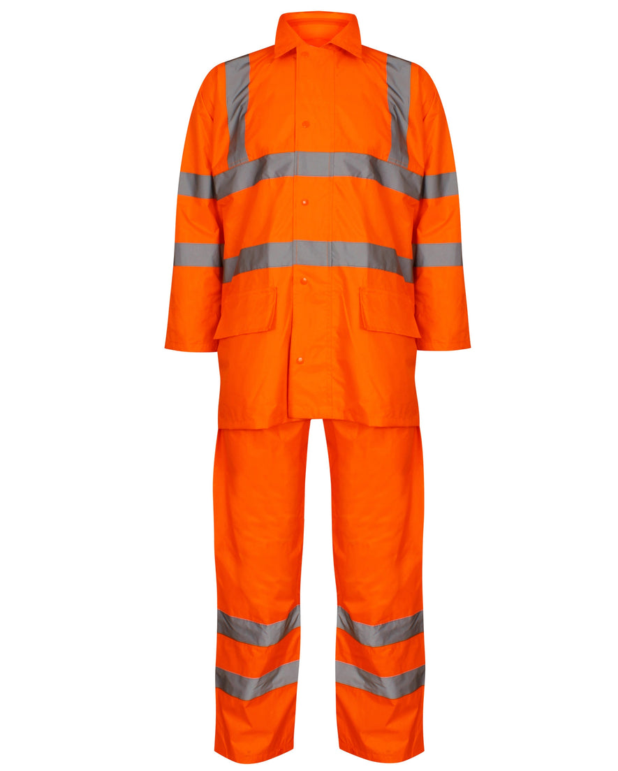 Orange Hi vis PU rainsuit. Rainsuits are composed of trousers and a jacket. Jackets have two hi vis waist bands and hi vis shoulder bands, Trousers have two hi vis ankle bands.