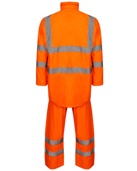 Orange Hi vis PU rainsuit. Rainsuits are composed of trousers and a jacket. Jackets have two hi vis waist bands and hi vis shoulder bands, Trousers have two hi vis ankle bands.