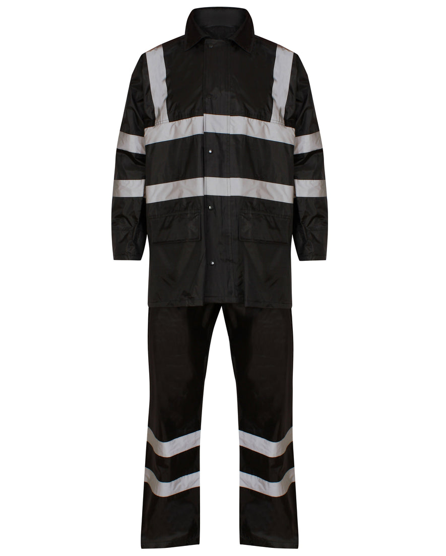 Black Hi vis PU rainsuit. Rainsuits are composed of trousers and a jacket. Jackets have two hi vis waist bands and hi vis shoulder bands, Trousers have two hi vis ankle bands.