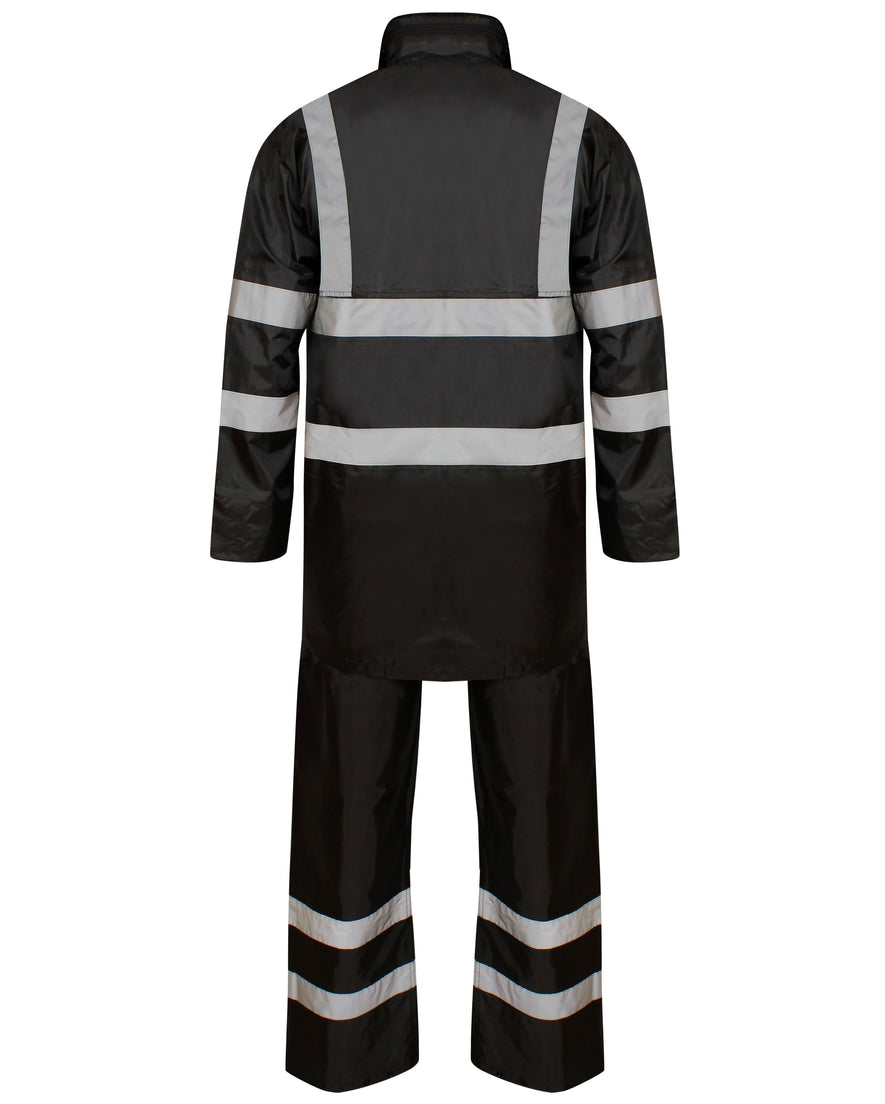 Black Hi vis PU rainsuit. Rainsuits are composed of trousers and a jacket. Jackets have two hi vis waist bands and hi vis shoulder bands, Trousers have two hi vis ankle bands.