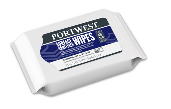 White pack of 100 portwest surface sanitiser wipes. Wipe packing has blue contrast branding.