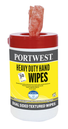 Orange Portwest heavy duty hand wipes in a white tube with yellow branding.