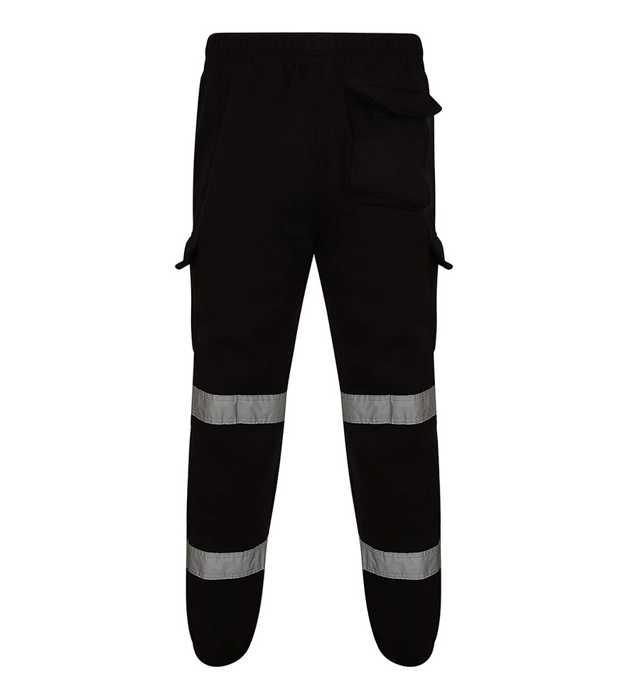 Back side of Black Hi vis Jogging bottoms. Joggers have two hi vis bands, cargo pockets and a back side pocket.