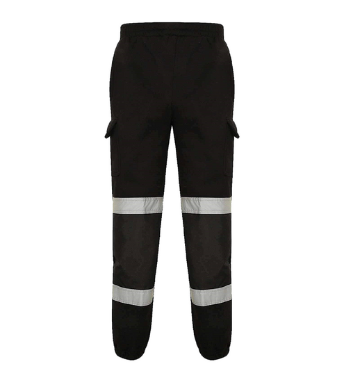 Black Hi vis Jogging bottoms. Joggers have two hi vis bands, cargo pockets and drawcords for tightening.