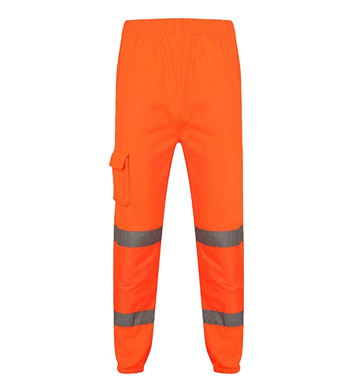 Orange Hi vis Jogging bottoms. Joggers have two hi vis bands, cargo pockets and drawcords for tightening.
