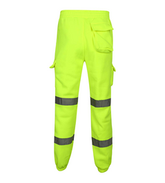 Back side of Yellow Hi vis Jogging bottoms. Joggers have two hi vis bands, cargo pockets and a back side pocket.