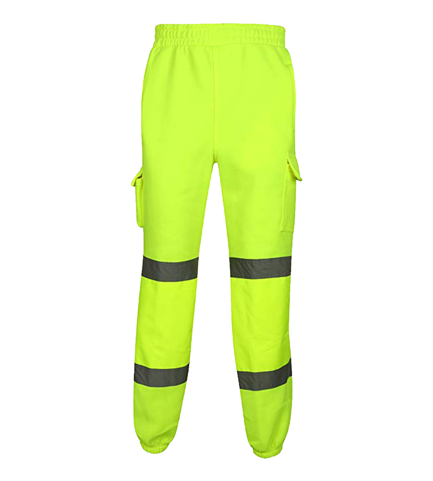 Yellow Hi vis Jogging bottoms. Joggers have two hi vis bands, cargo pockets and drawcords for tightening.