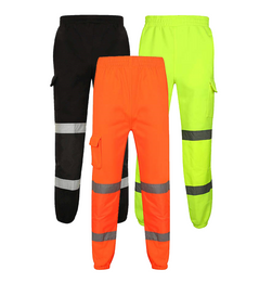 Orange ,Black and Yellow Hi vis Jogging bottoms. Joggers have two hi vis bands, cargo pockets and drawcords for tightening. 