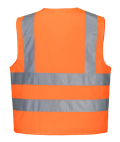Back of Portwest Hi-Vis Junior Band and Brace Vest in orange with reflective strips on body and shoulders.