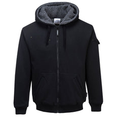 Black Portwest pewter full zip hooded jacket. Hoodie has a fleece lined grey inner to the hood, side pockets and drawstrings to tighten the hood.