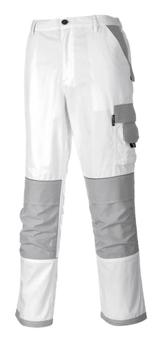 Portwest Painters Pro Trousers in white with grey inside of hip pockets, knee patches, pocket flaps and ankle hem. Button and zip fastening and belt loops on waist band. Pocket on hips and side of leg.