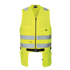 Yellow Portwest Xenon Toolvest. Vest is full zip fasten and has hi vis bands on the waist and shoulders. Vest has black clip fasten, Chest pockets and a lower tool holder area.