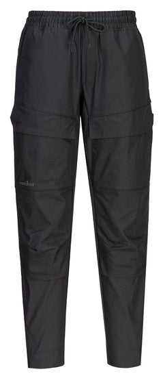 Portwest KX3 Drawstring Combat Trousers in black with elasticated waist band with drawstring, hip and front pockets with flaps and knee pad pockets. 