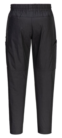 Back of Portwest KX3 Drawstring Combat Trousers in black with elasticated waist band.