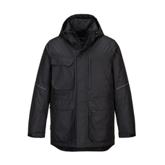 KX3 hooded Parka Jacket in Black with large right breast pocket and zip pocket on left breast